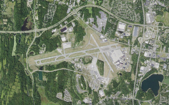 Overhead aerial view of New York Stewart International Airport.